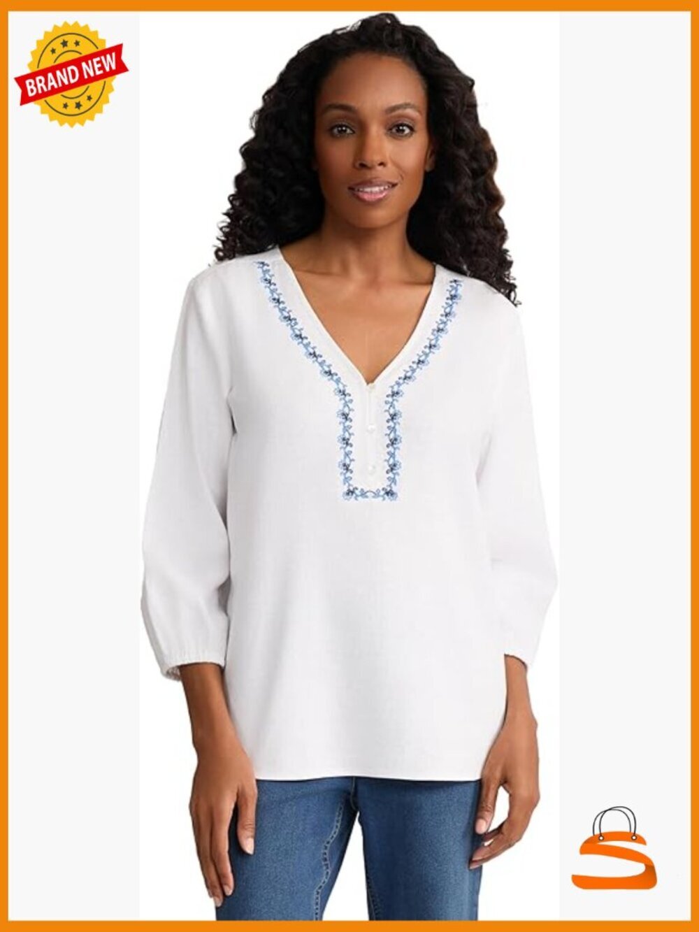 Linen Blend Embroidered Popover Top V-Neck